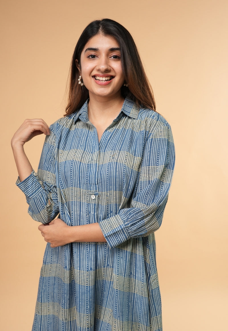 Ridah Blue Ajrakh Modal Silk A Line Dress