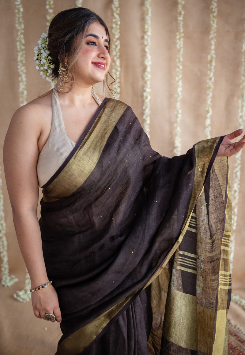 Black Linen Golden Zari Border Saree with Mukaish Detailing