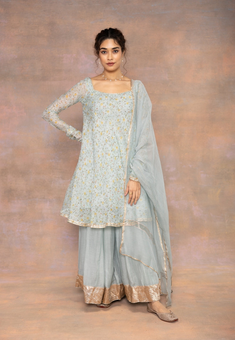 Rosalie Blue Sanganeri Chanderi Silk A Line Kurta with Lace Detailing
