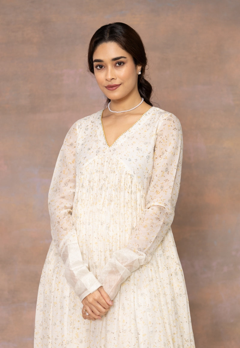 Rois White Sanganeri Chanderi Silk A Line Kurta with Hand Embroidery