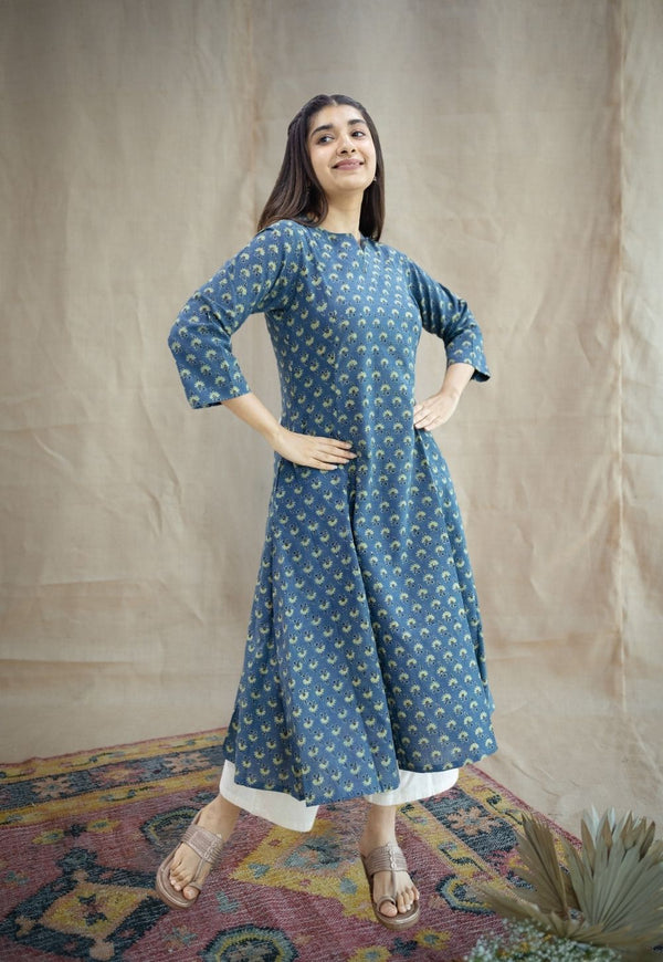 Malika Blue Ajrakh Cotton Kali Kurta