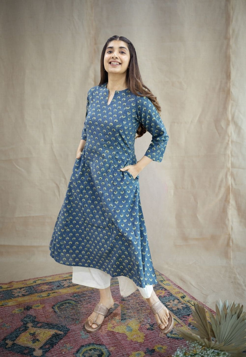 Malika Blue Ajrakh Cotton Kali Kurta