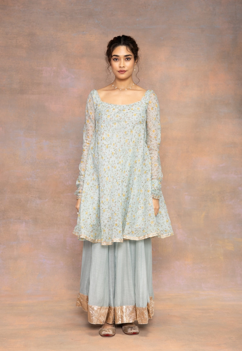 Rosalie Blue Sanganeri Chanderi Silk A Line Kurta with Lace Detailing