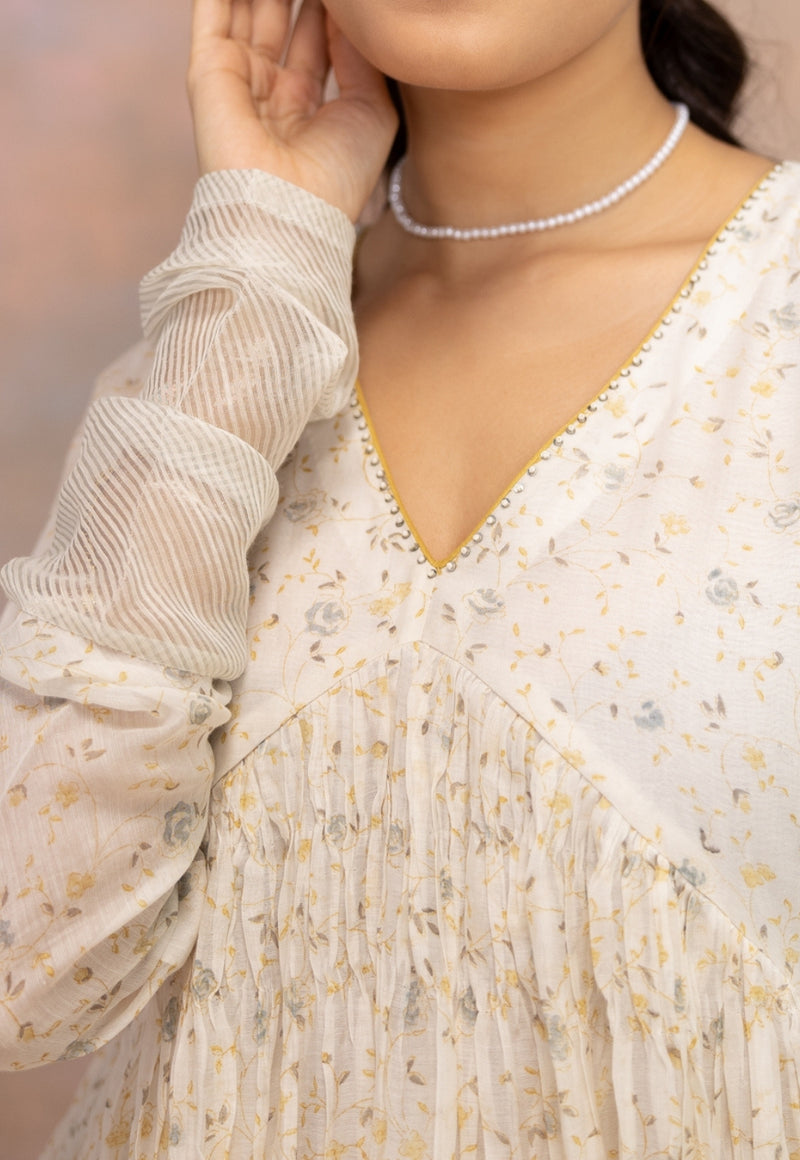 Rois White Sanganeri Chanderi Silk A Line Kurta with Hand Embroidery