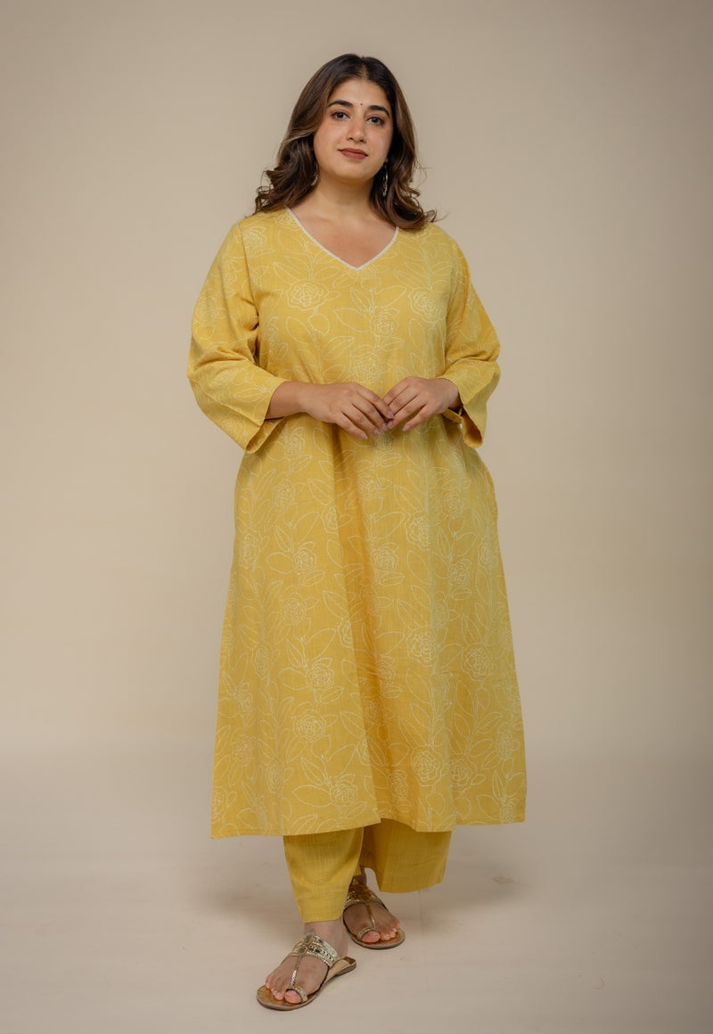 Zoya Yellow Hand Block Print Slub Cotton A Line Kurta with Hand Embroidery