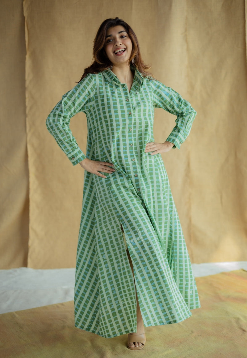 Trusha Green Batik Cotton A Line Dress