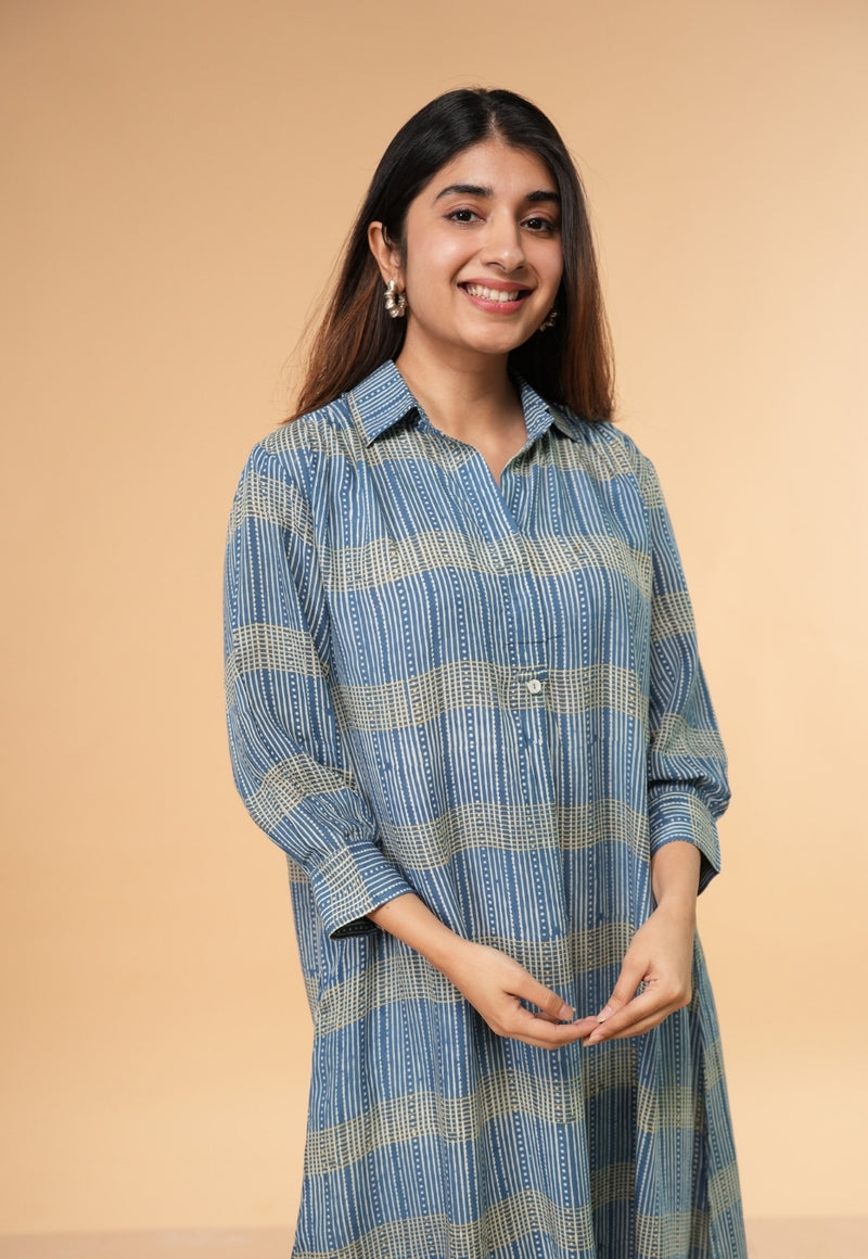 Ridah Blue Ajrakh Modal Silk A Line Dress