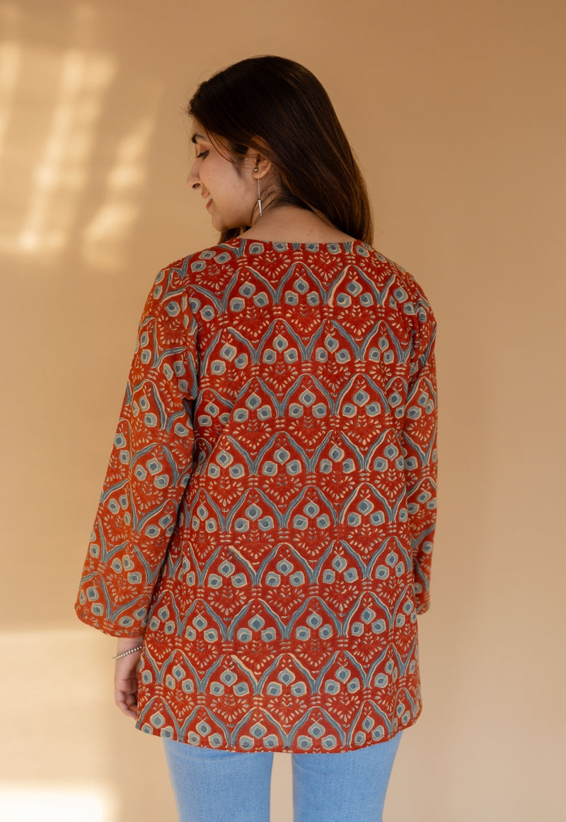Tapsi Red Ajrakh Cotton A Line Short Top with Hand Embroidery