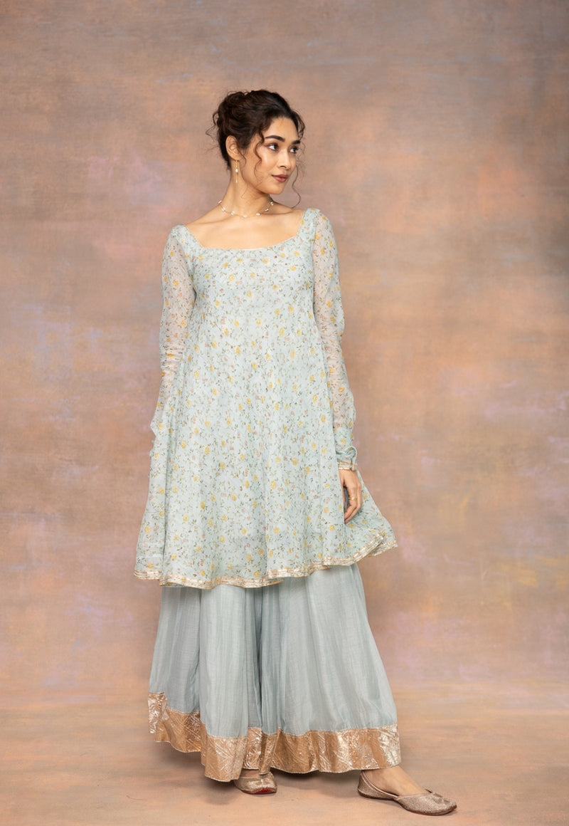 Rosalie Blue Sanganeri Chanderi Silk A Line Kurta with Lace Detailing