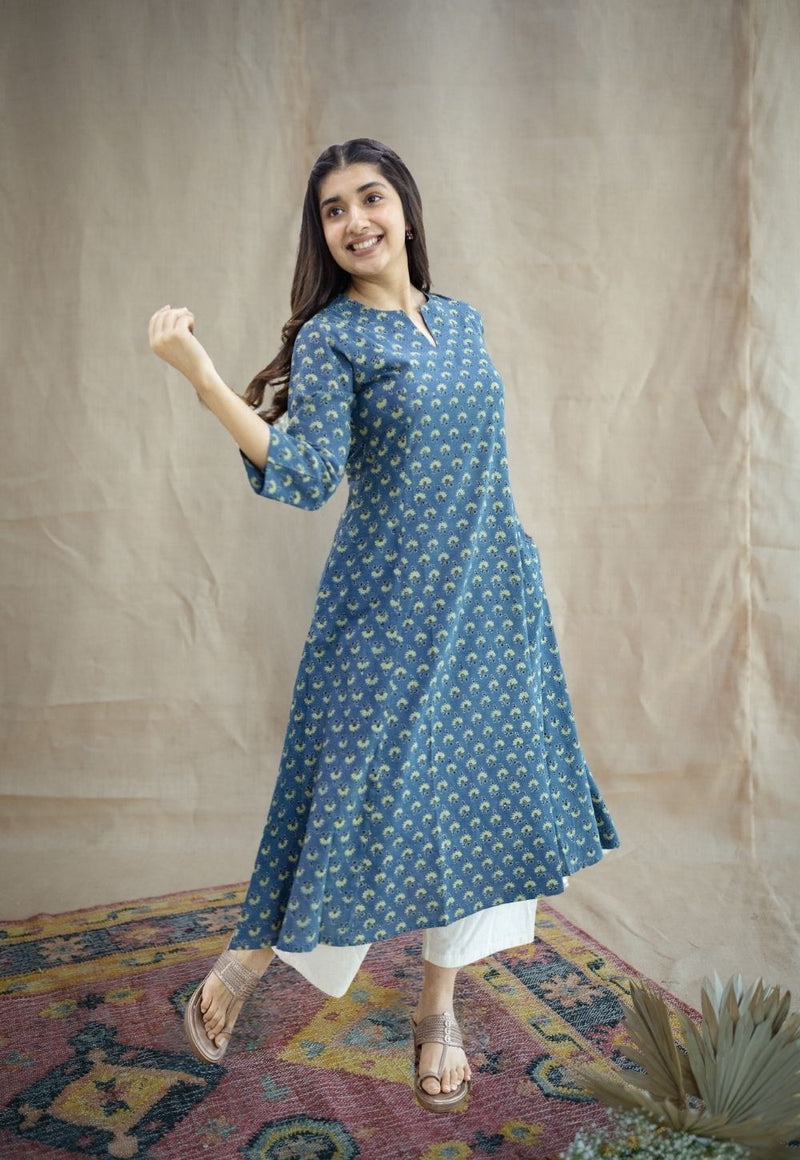 Malika Blue Ajrakh Cotton Kali Kurta