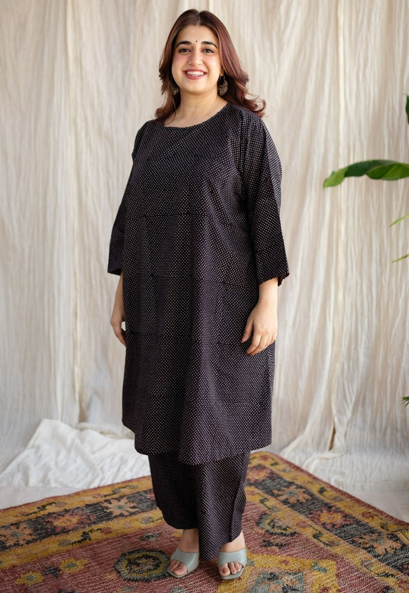 Bombay Charcoal Ajrakh Cotton Loose Kurta with Hand Embroidery