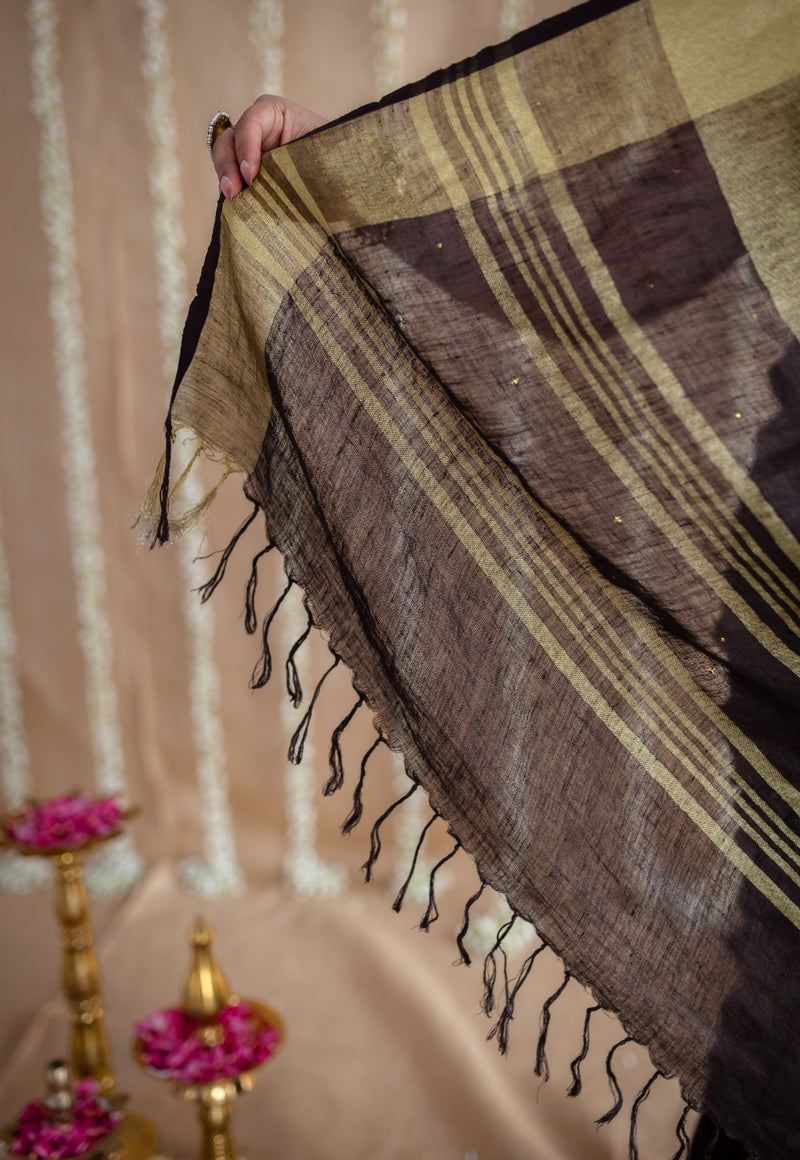 Black Linen Golden Zari Border Saree with Mukaish Detailing