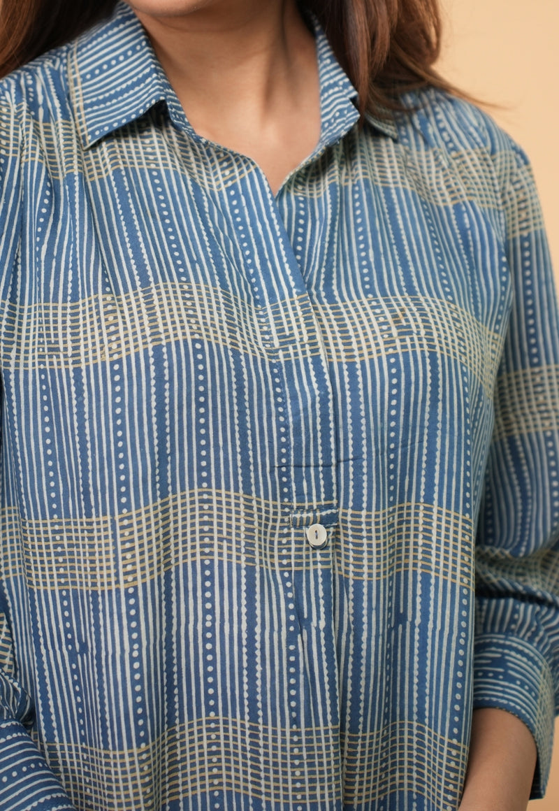 Ridah Blue Ajrakh Modal Silk A Line Dress