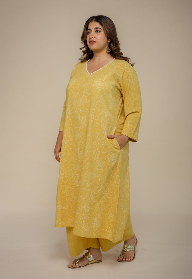 Zoya Yellow Hand Block Print Slub Cotton A Line Kurta with Hand Embroidery