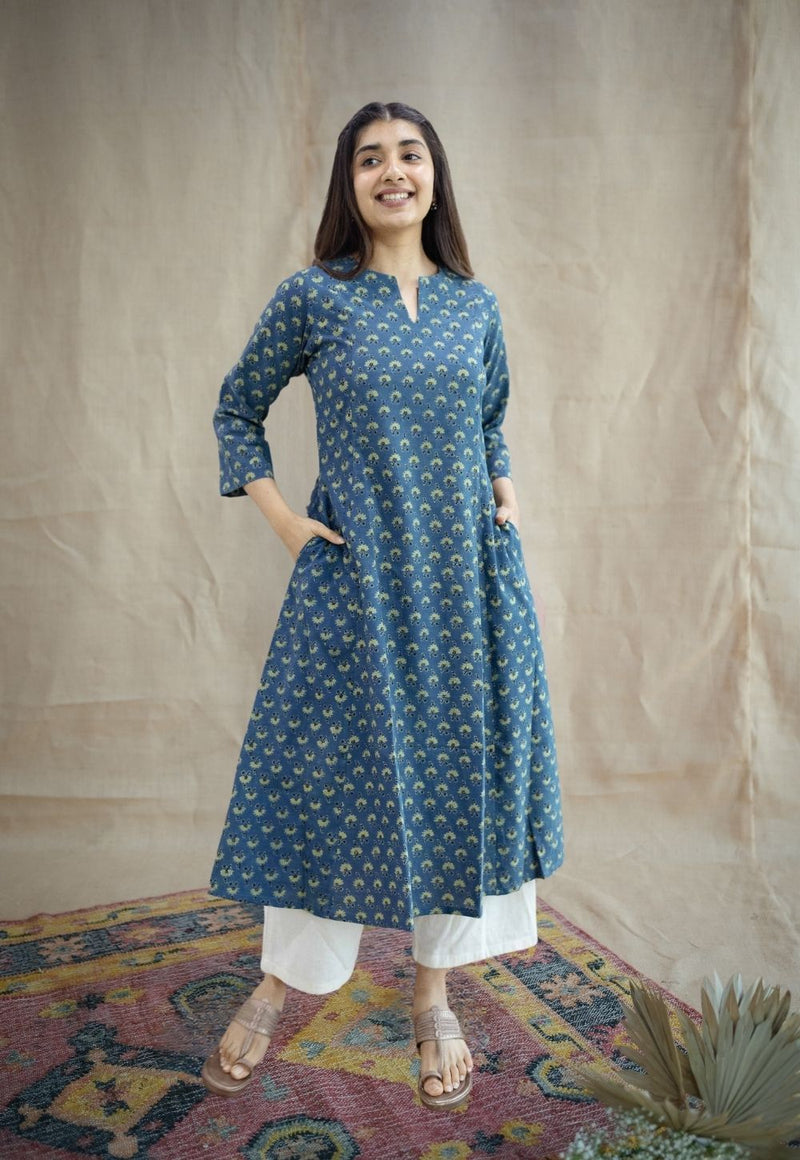 Malika Blue Ajrakh Cotton Kali Kurta