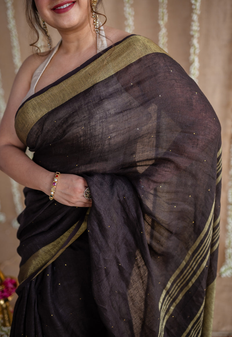 Black Linen Golden Zari Border Saree with Mukaish Detailing