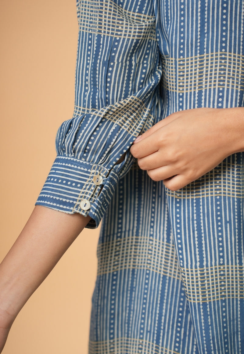 Ridah Blue Ajrakh Modal Silk A Line Dress