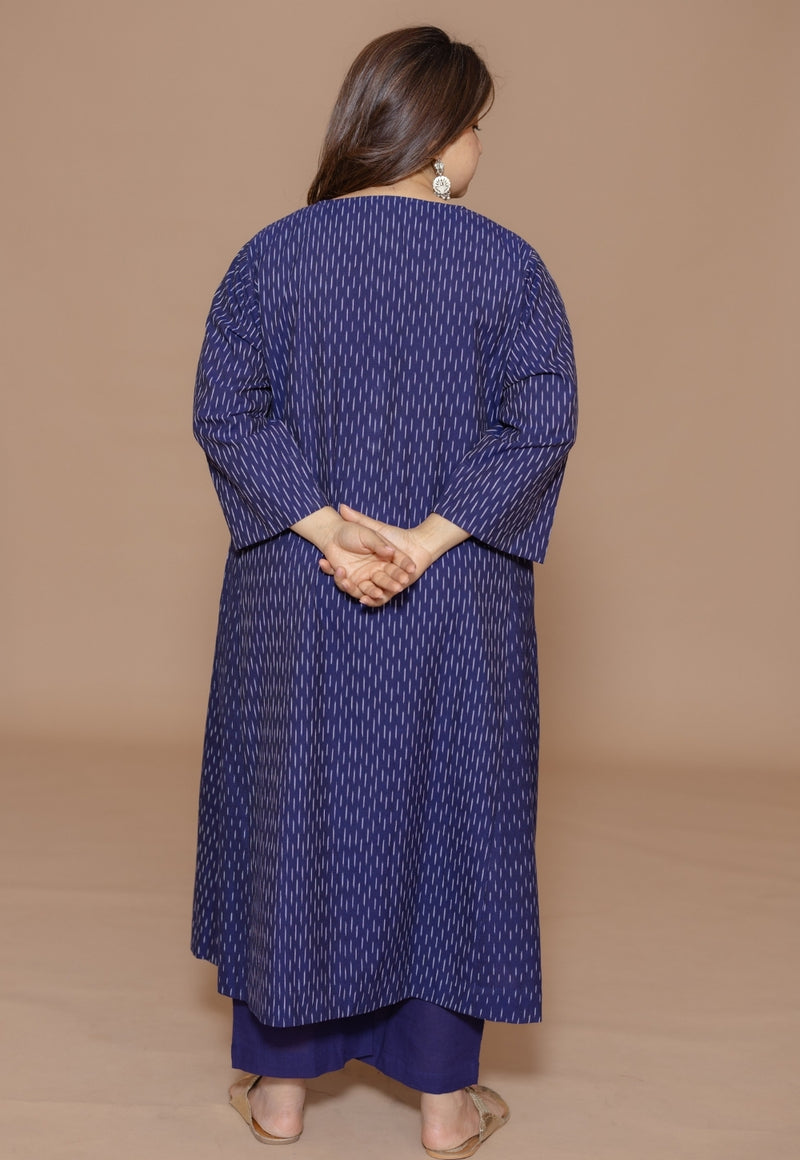 Alizah Blue Handloom Ikkat Cotton Jhabbha Kali Kurta