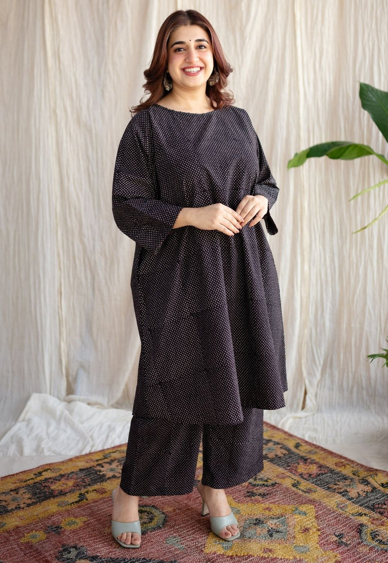 Bombay Charcoal Ajrakh Cotton Loose Kurta with Hand Embroidery