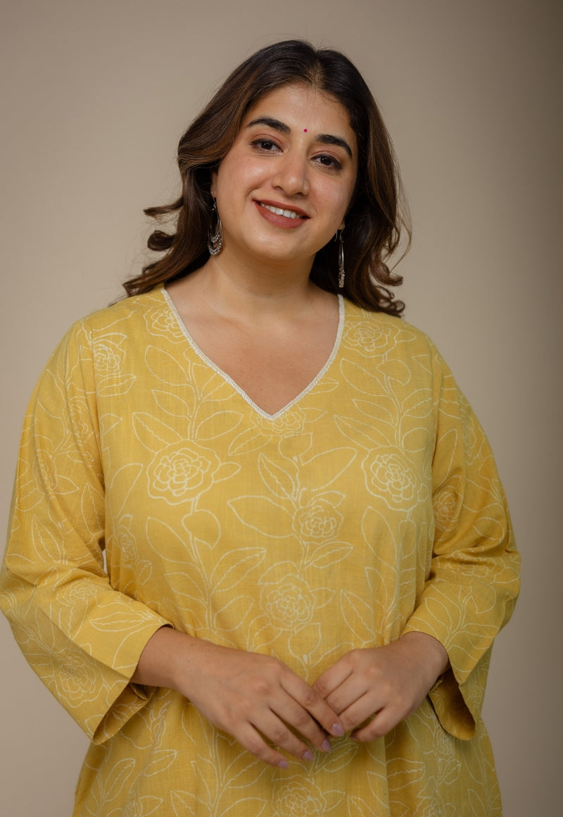 Zoya Yellow Hand Block Print Slub Cotton A Line Kurta with Hand Embroidery