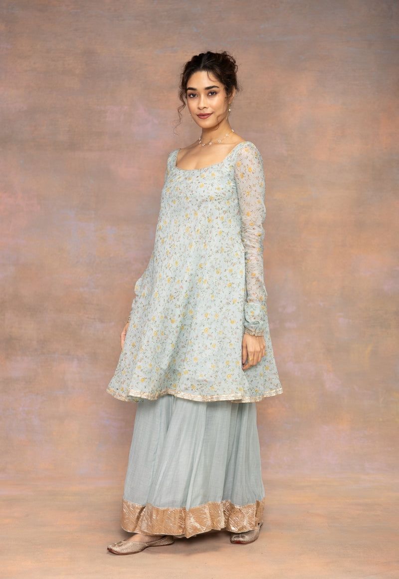 Rosalie Blue Sanganeri Chanderi Silk A Line Kurta with Lace Detailing