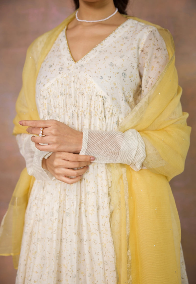 Rois White Sanganeri Chanderi Silk A Line Kurta with Hand Embroidery