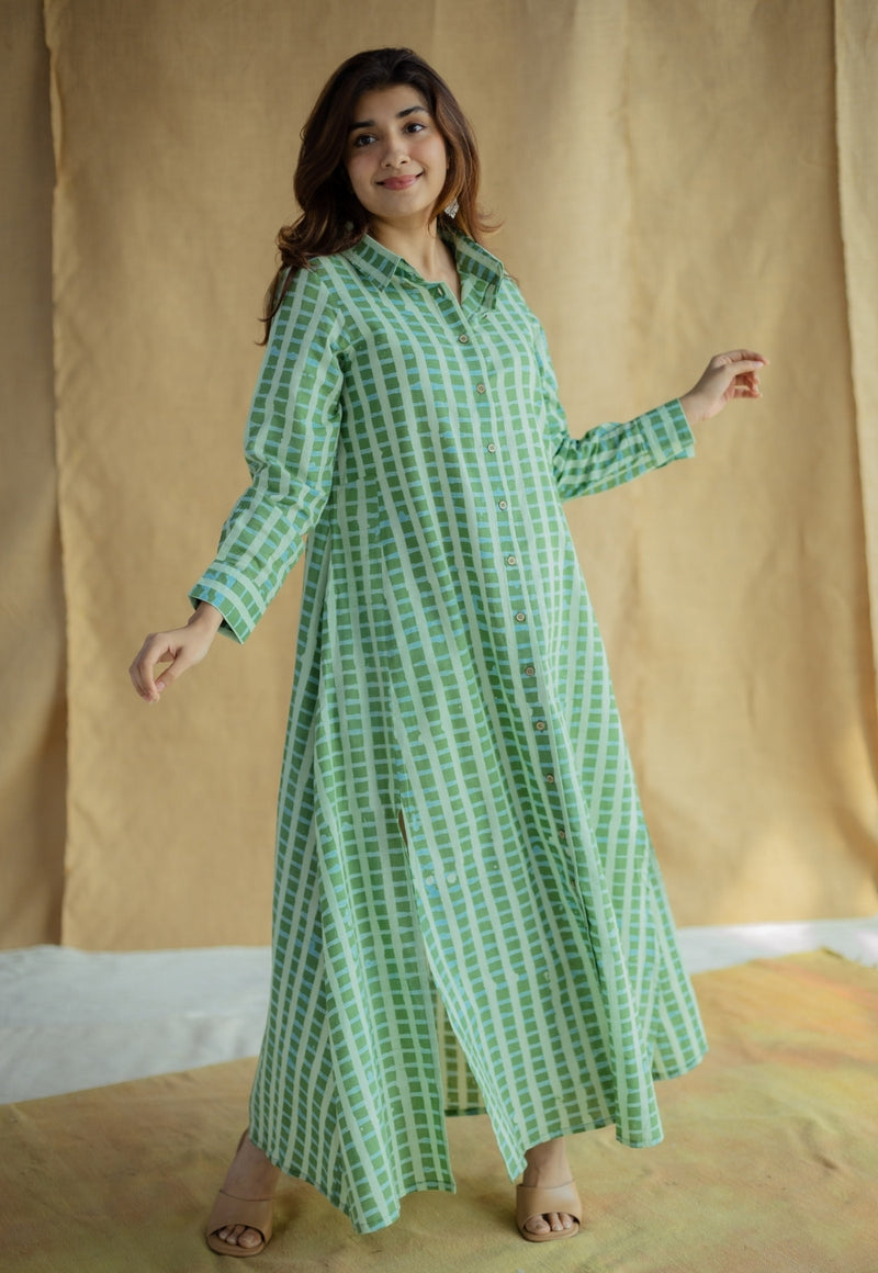 Trusha Green Batik Cotton A Line Dress