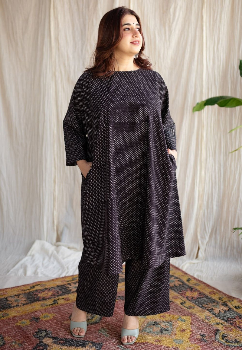 Bombay Charcoal Ajrakh Cotton Loose Kurta with Hand Embroidery