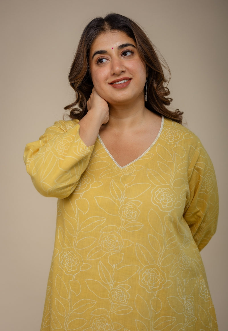 Zoya Yellow Hand Block Print Slub Cotton A Line Kurta with Hand Embroidery