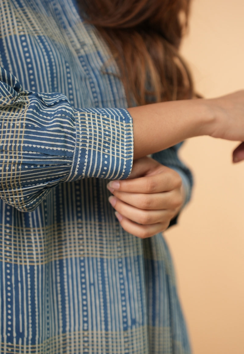 Ridah Blue Ajrakh Modal Silk A Line Dress