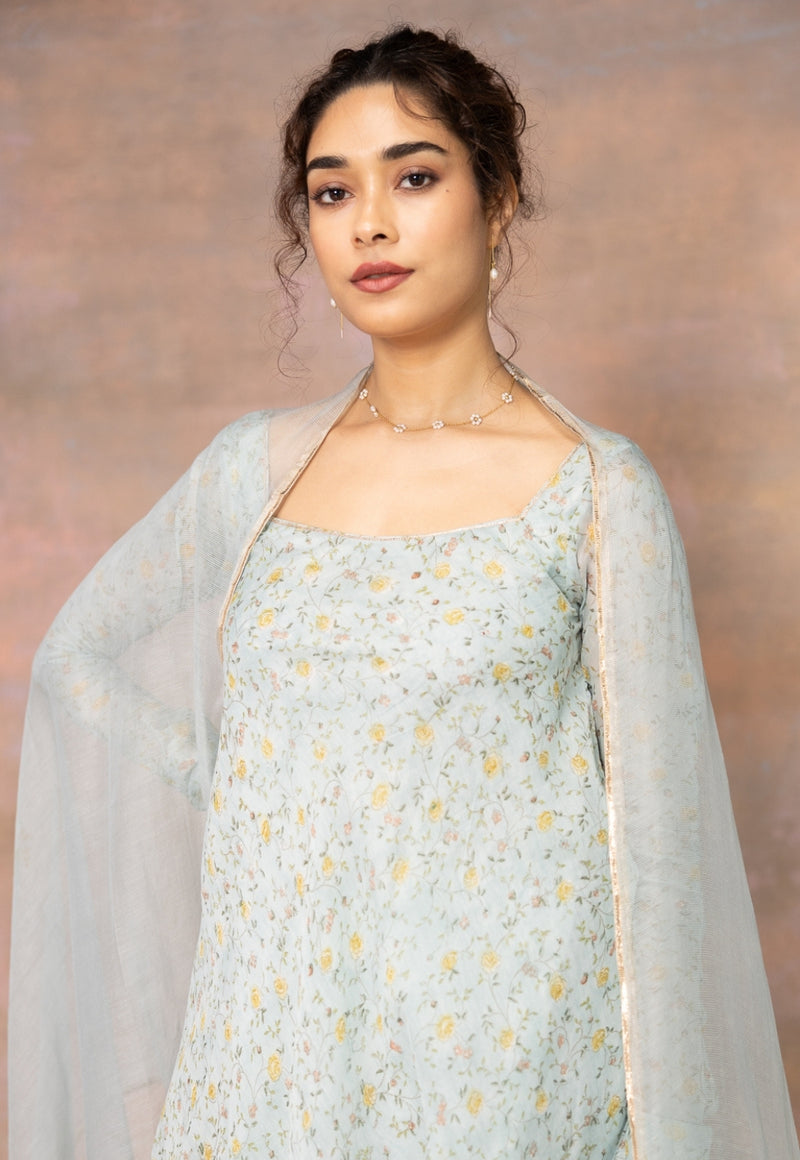 Rosalie Blue Sanganeri Chanderi Silk A Line Kurta with Lace Detailing