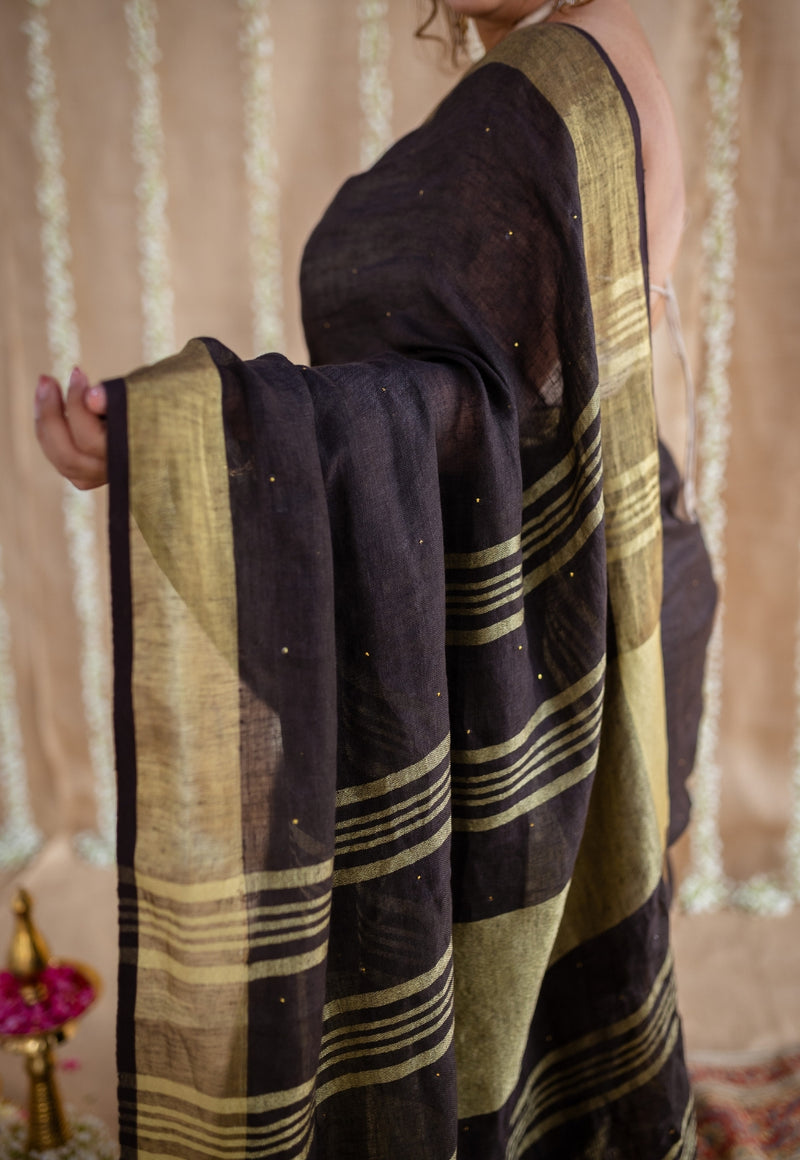 Black Linen Golden Zari Border Saree with Mukaish Detailing