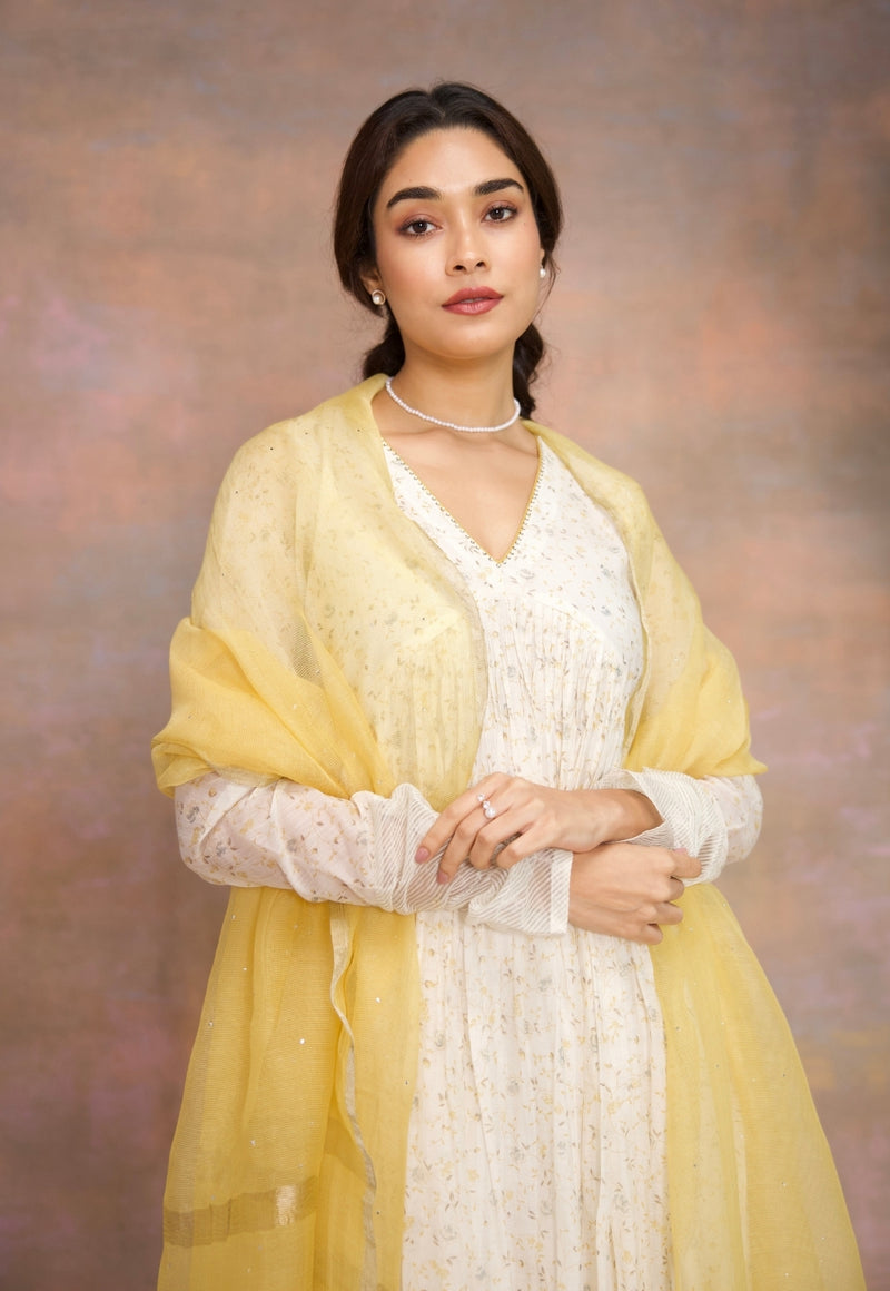 Rois White Sanganeri Chanderi Silk A Line Kurta with Hand Embroidery