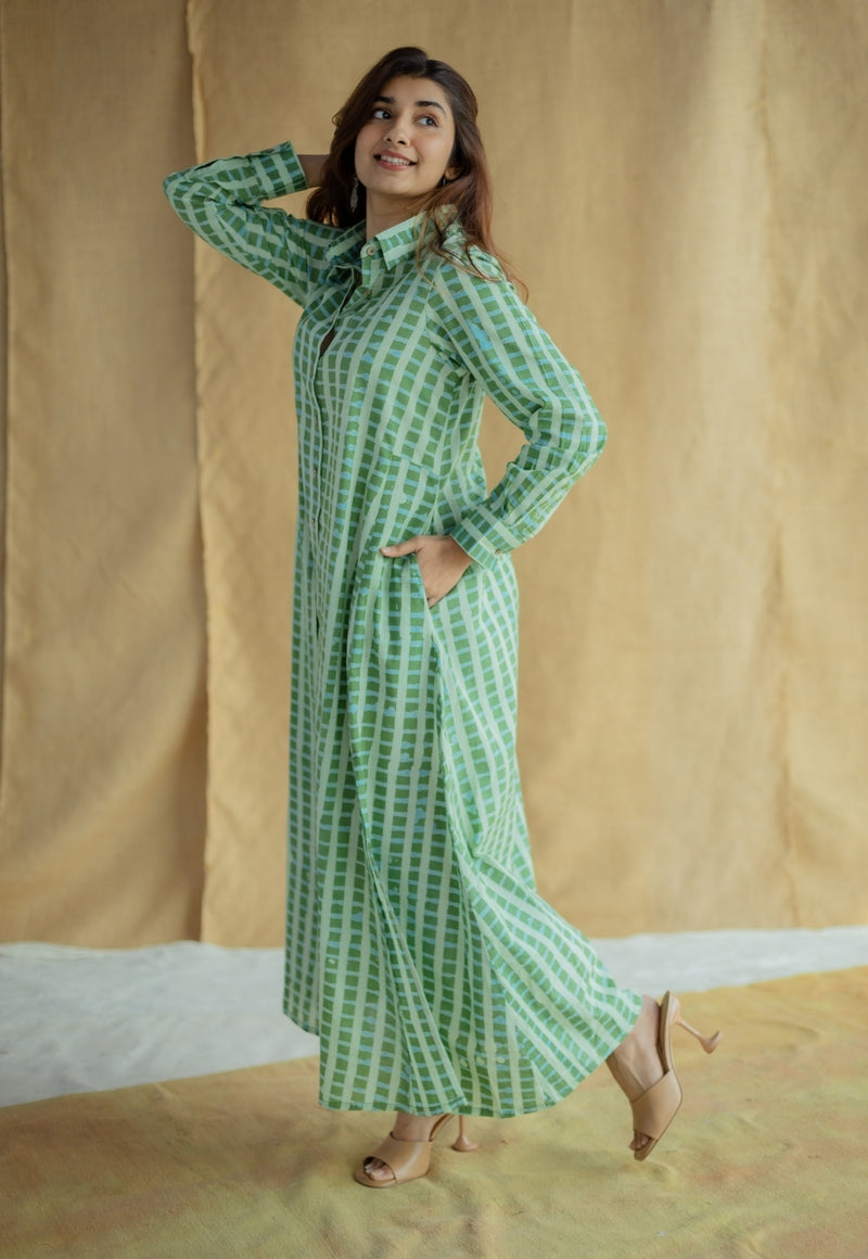 Trusha Green Batik Cotton A Line Dress