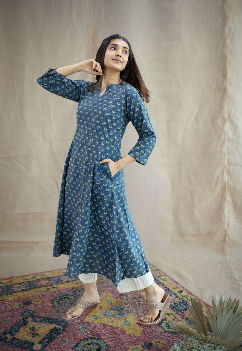 Malika Blue Ajrakh Cotton Kali Kurta