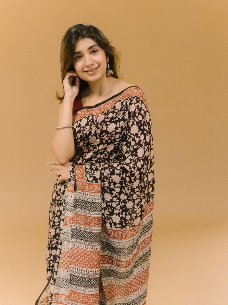 Black Jaal Bagru Hand Block Print Modal Saree