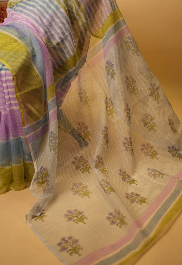 Blue Floral Sanganeri Hand Block Print Kota Doria Saree