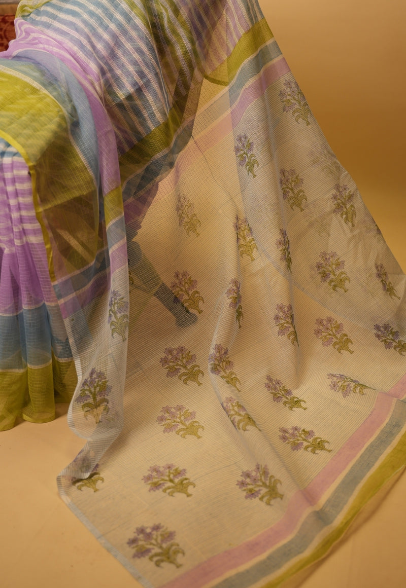 Blue Floral Sanganeri Hand Block Print Kota Doria Saree