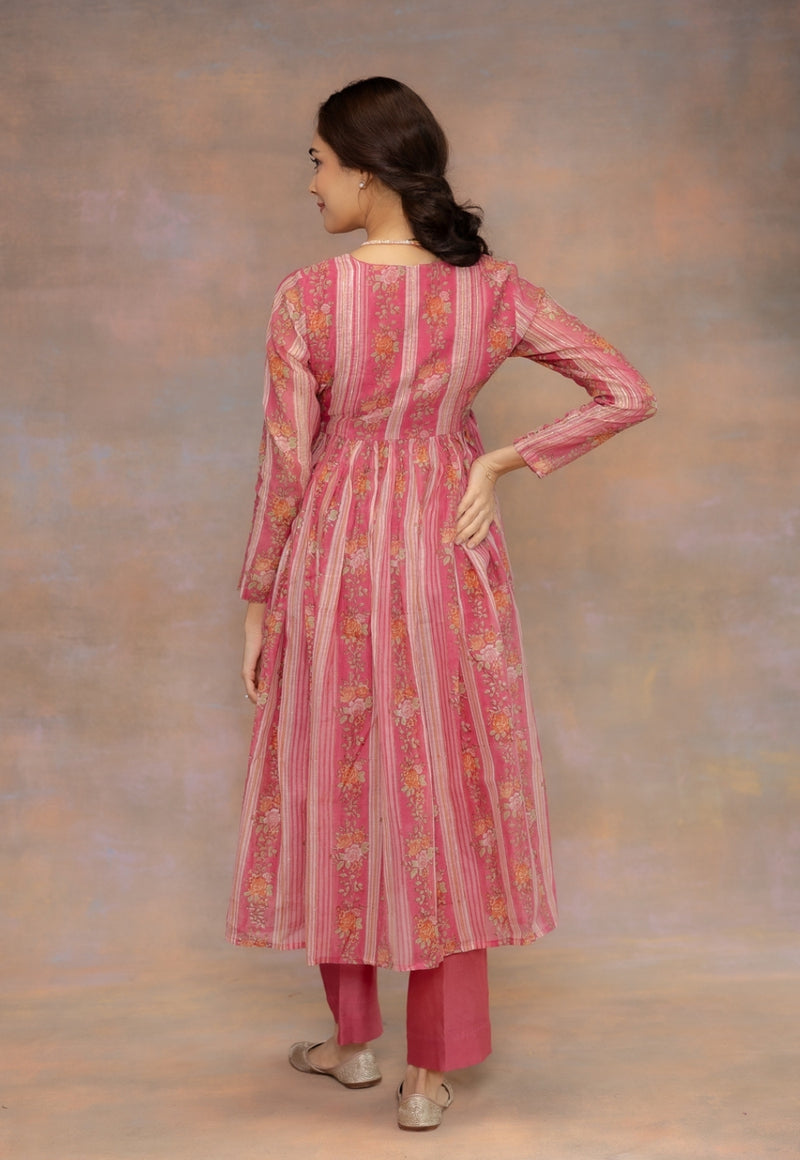 Rooz Pink Sanganeri Chanderi Silk A Line Kurta with Lace Detailing