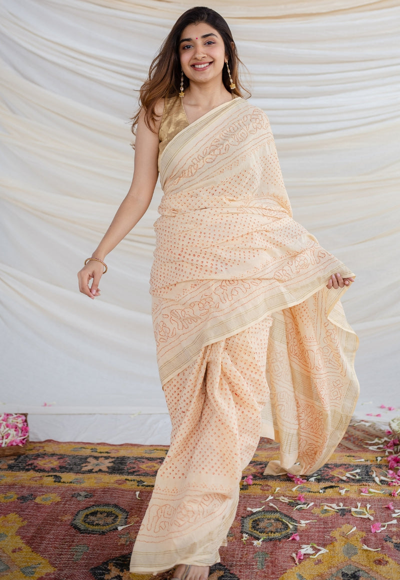 Banarasee Cotton Silk Saree With Multicolor Satin Border-Off White
