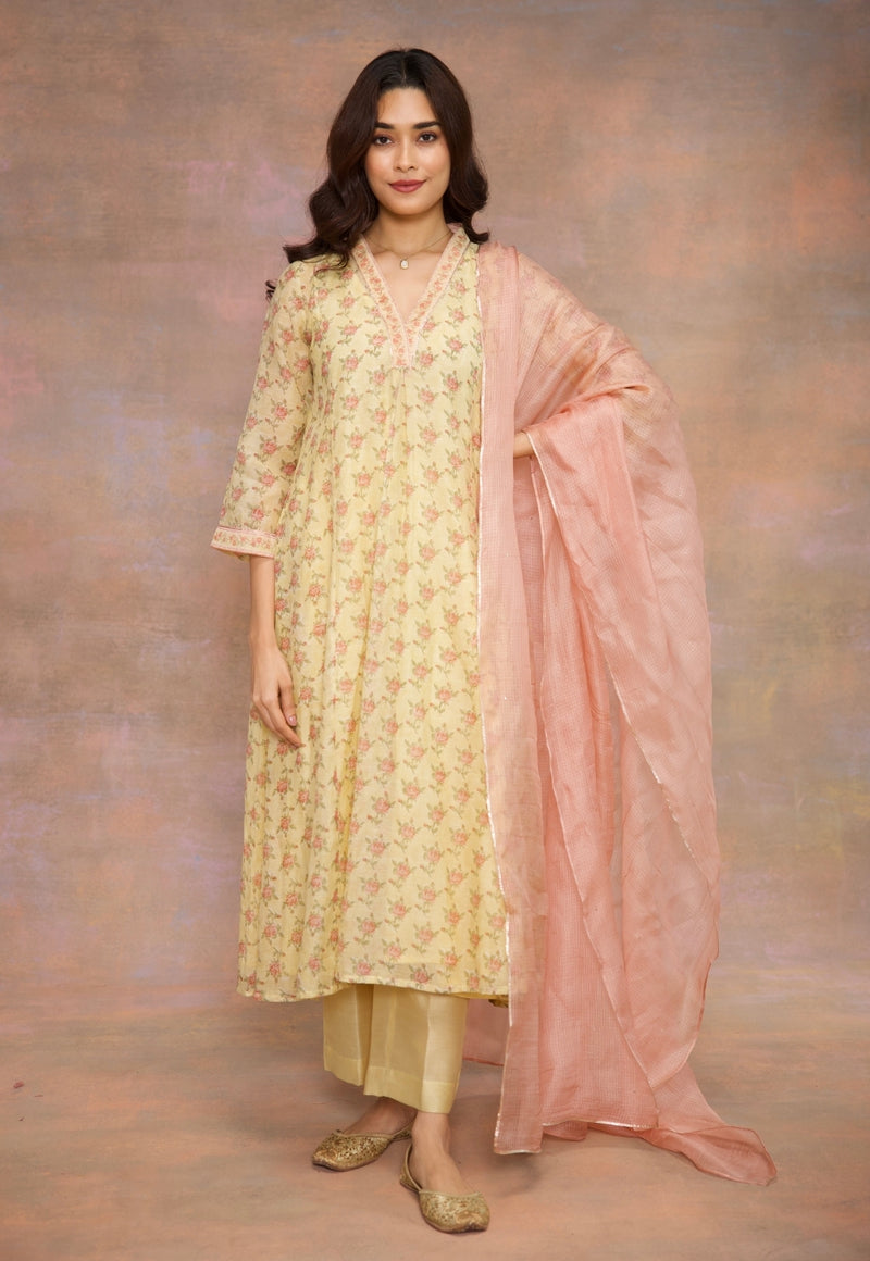 Peach Solid Kota Doria Silk Dupatta with Mukaish Detailing