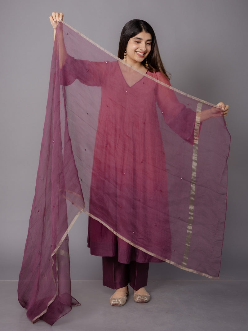 Wine Solid Zari Silk Net Dupatta with Hand Embroidery