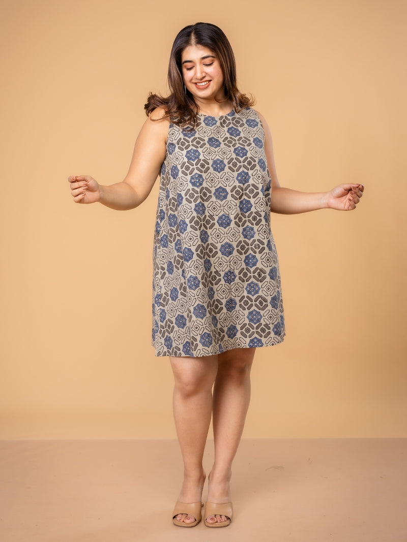 Inam Grey Ajrakh Cotton A Line Dress