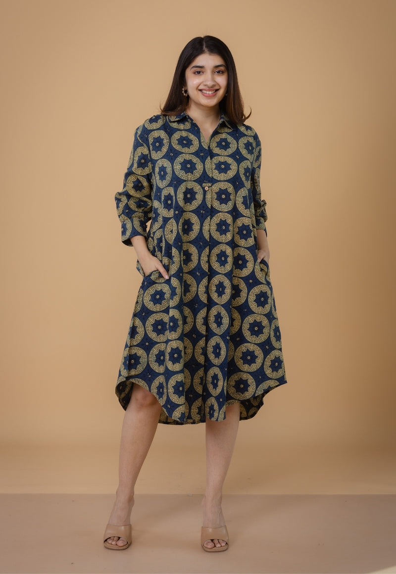 Ridah Blue Ajrakh Cotton A Line Dress