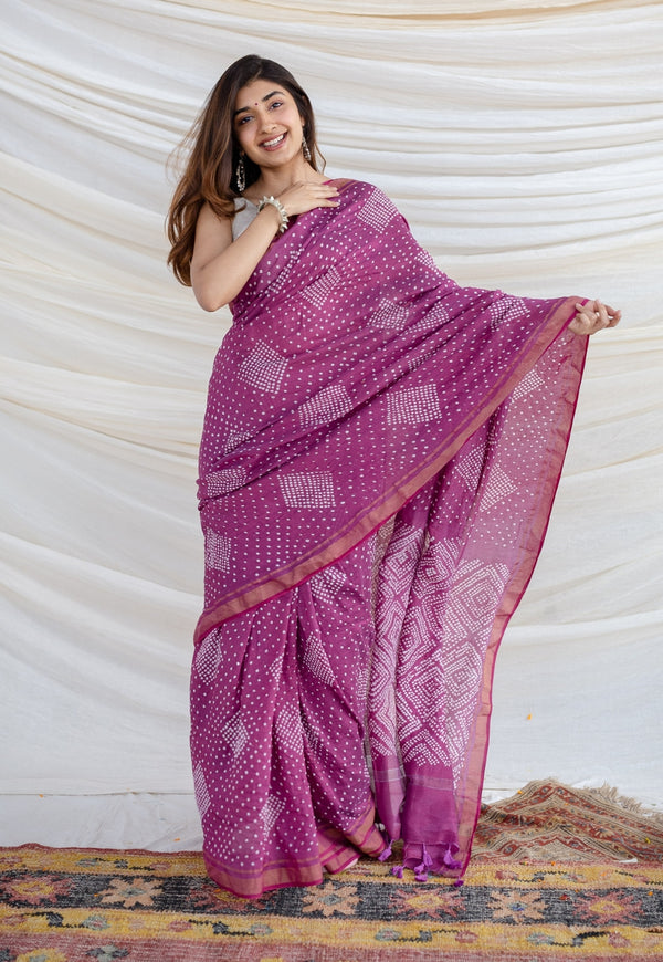 Purple Bandhani Cotton Silk Saree
