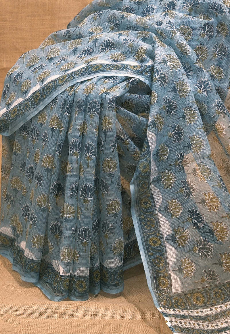 Green Butta Sanganeri Hand Block Print Kota Doria Saree