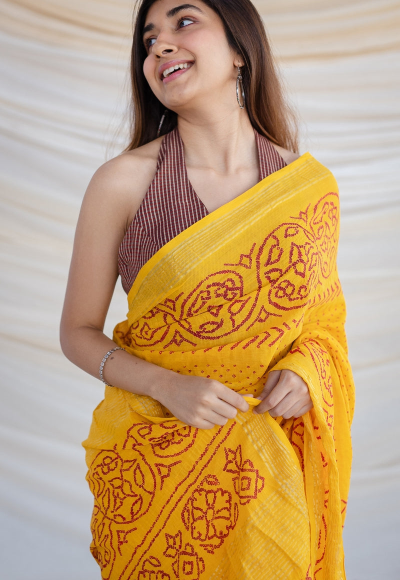 Yellow Bandhani Cotton Saree