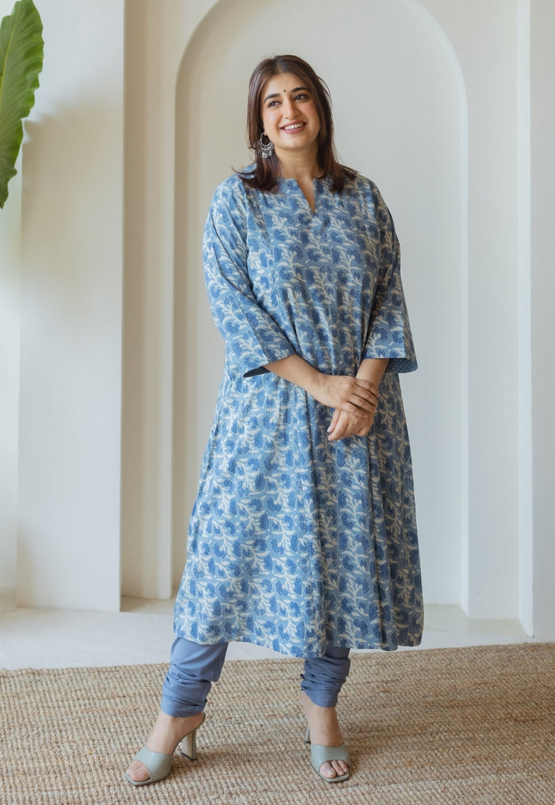 Malika Blue Ajrakh Cotton Kali Kurta