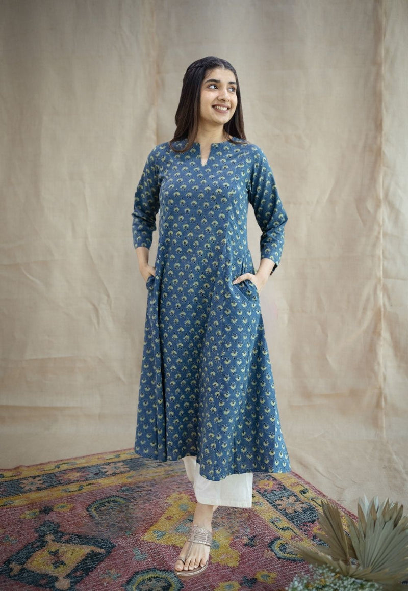 Malika Blue Ajrakh Cotton Kali Kurta