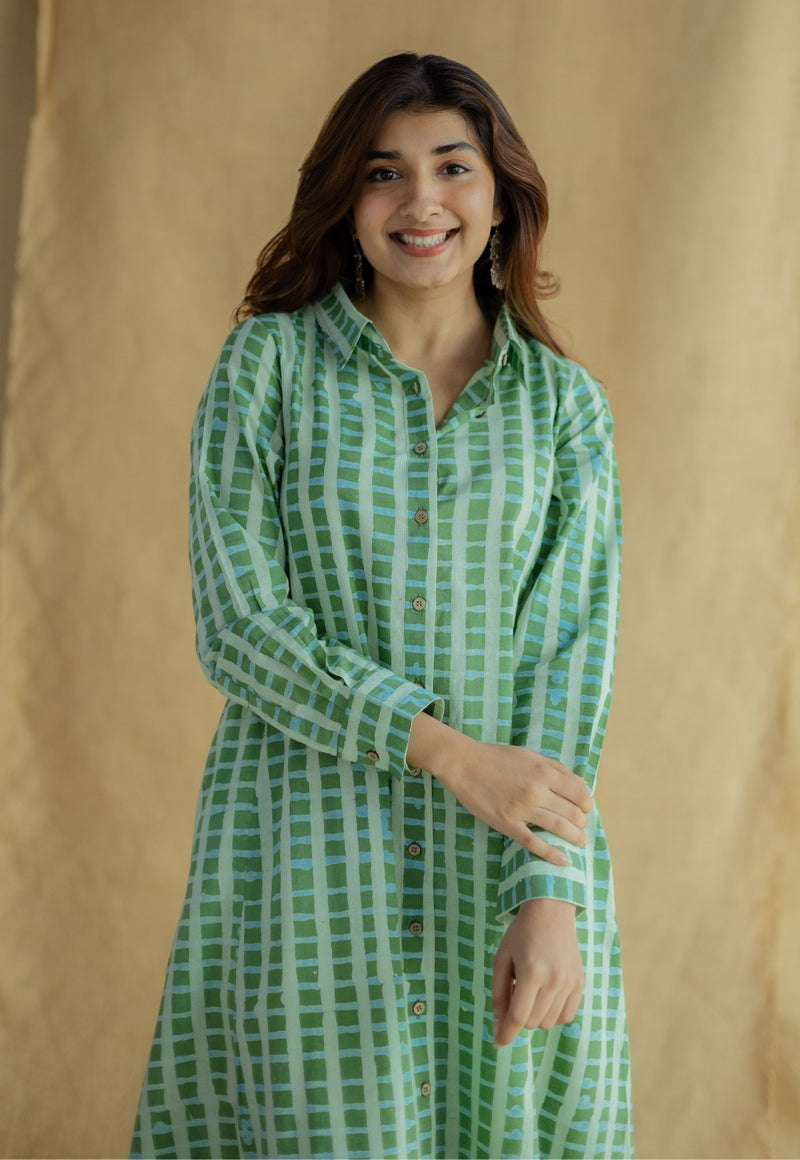 Trusha Green Batik Cotton A Line Dress